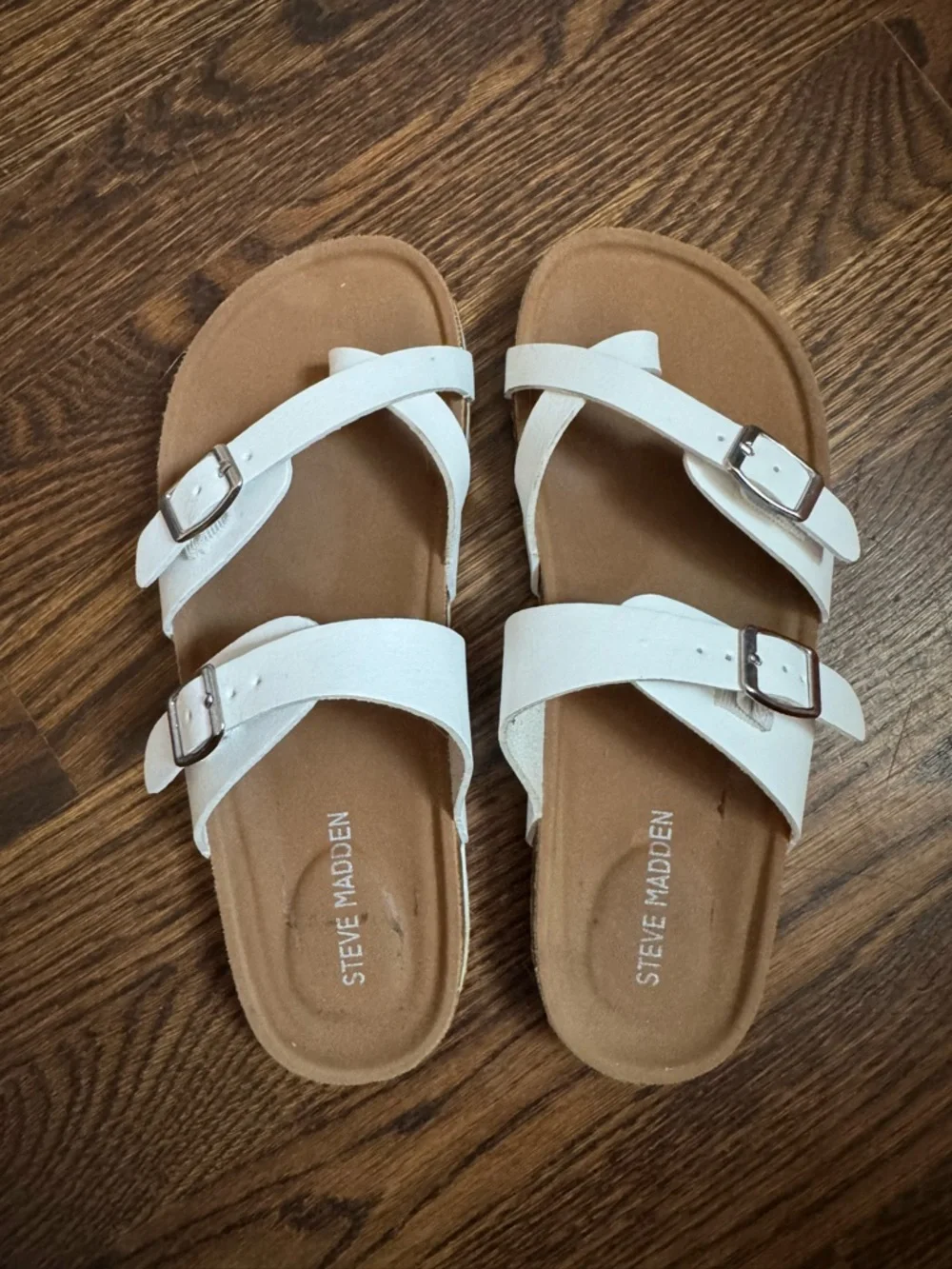 Steve Madden White Double Buckle Slides with Tan Footbed Size 3